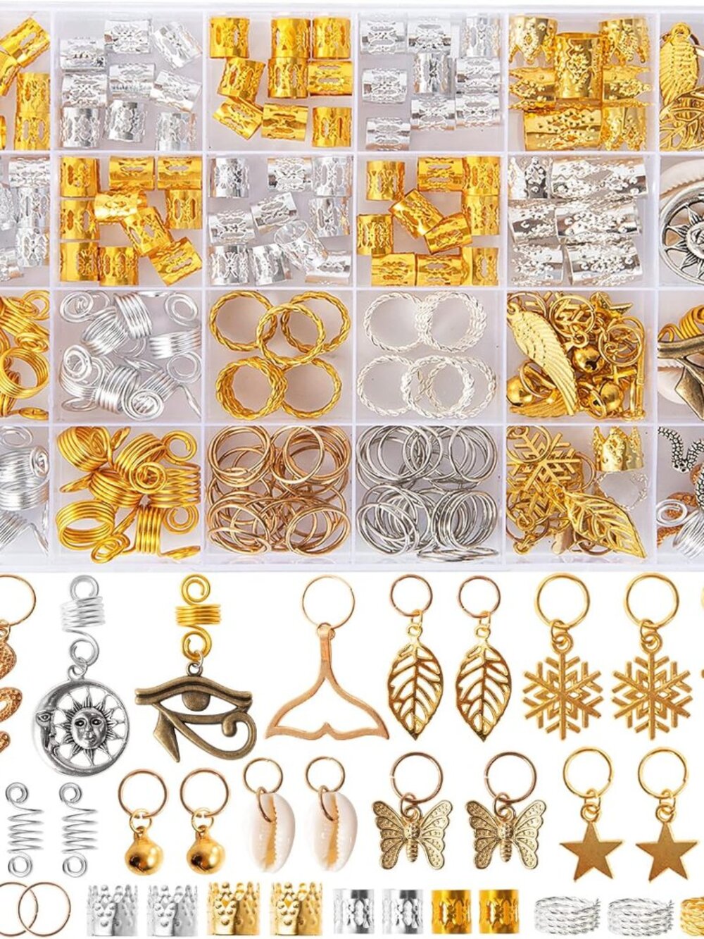201PCS Hair Jewelry Beads for Braids, Gold and Silver Hair Dreadlock Accessories